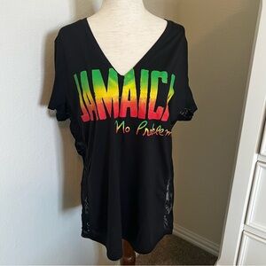 Black V-Neck Short Sleeve Tee with Jamaica Gradient Graphic w/ Lace Side Panels